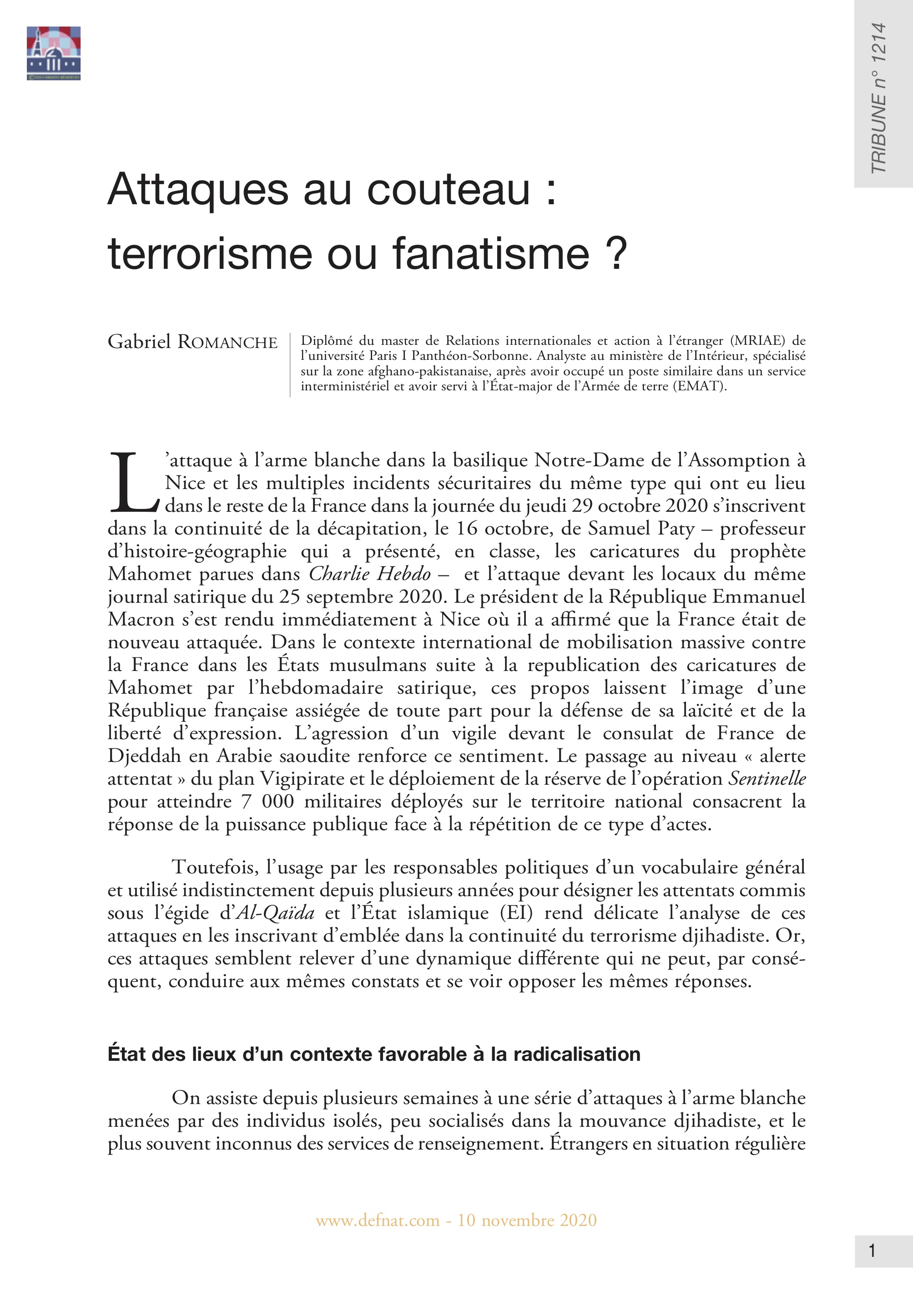 Attaques au couteau : terrorisme ou fanatisme ? (T 1214)
